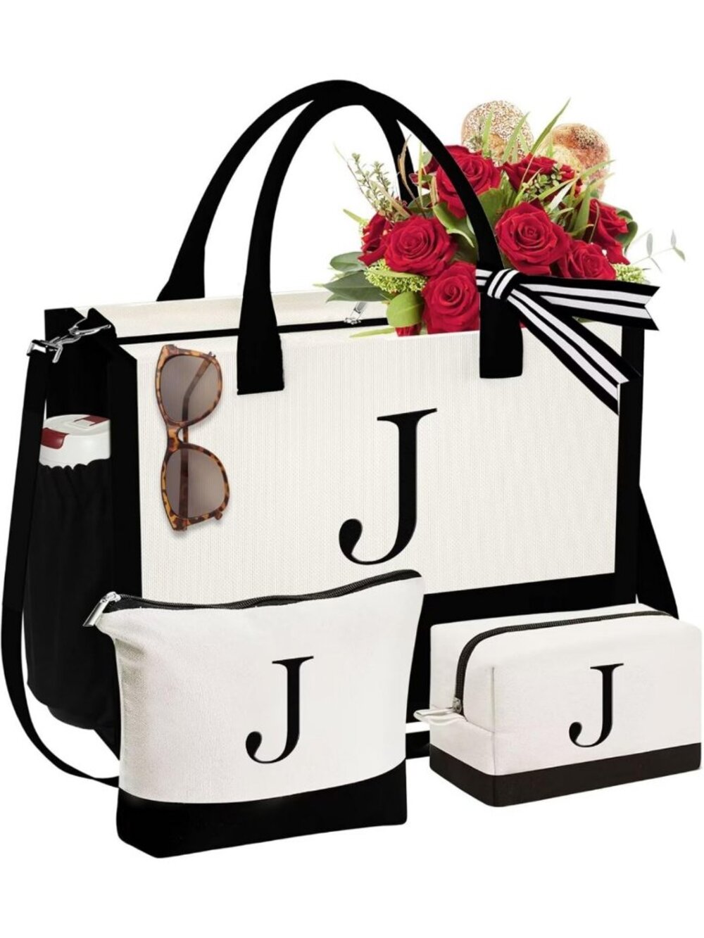 Personalized Initial Canvas Tote & Makeup Bag Set - Perfect Gift for Women